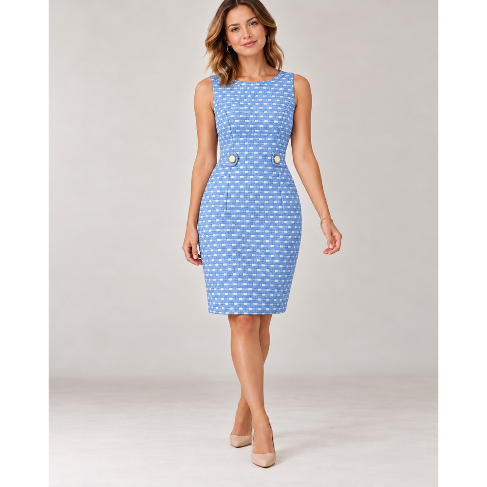 Tahari-Tahari ASL Nellie Dress Blue White Piqué Knit Woven Sleeveless Dress 6P